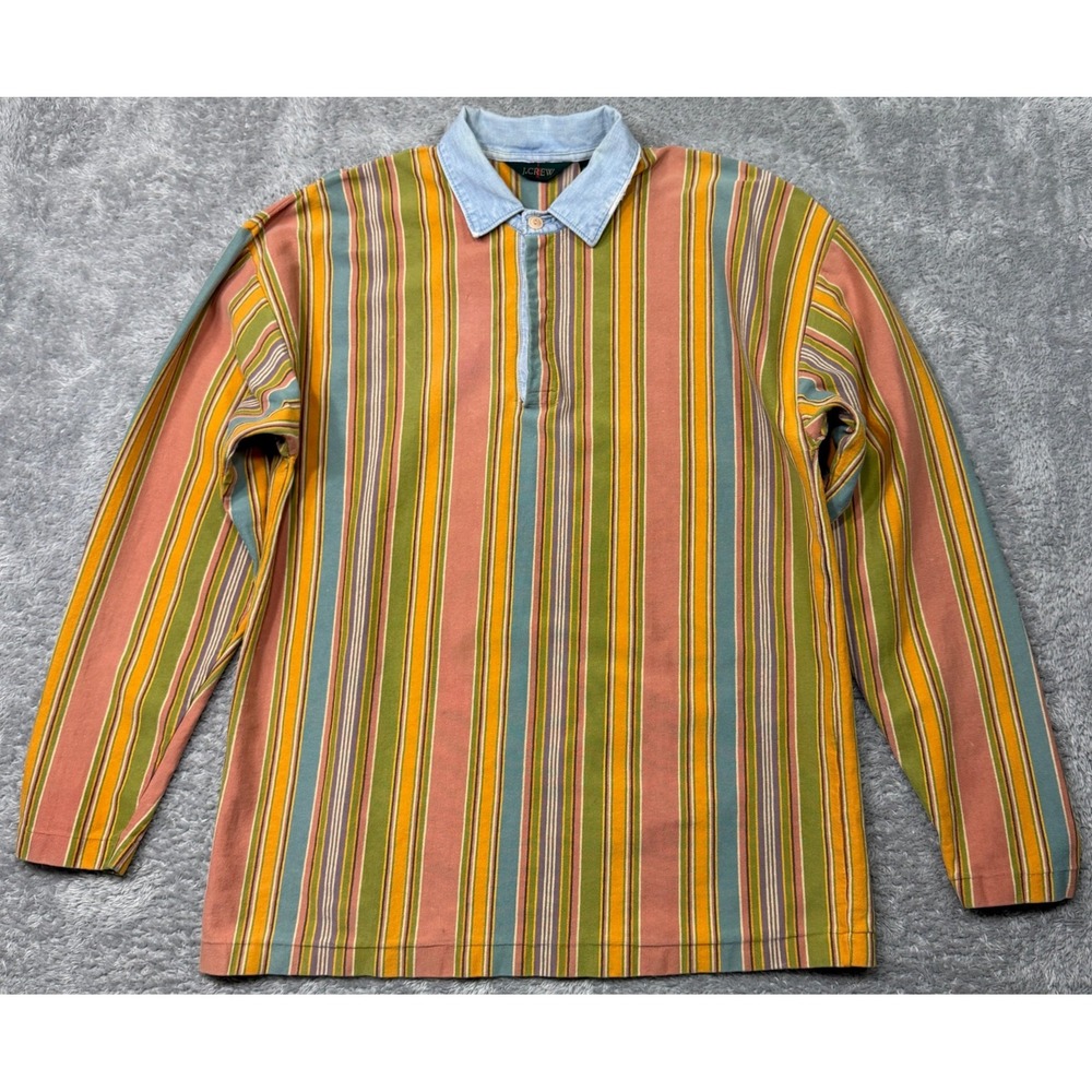 Vintage 90s J Crew Oarsman Polo Shirt Mens L Multicolor Stripe Chambray Collar